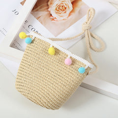 Girls Colorful Pompom Ball Straw Hat Wide Brim Sun Hat Beach Cap