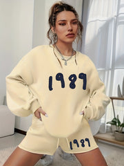 Women's Number Print 2-Piece Set Long Sleeve Sweatshirt & Shorts