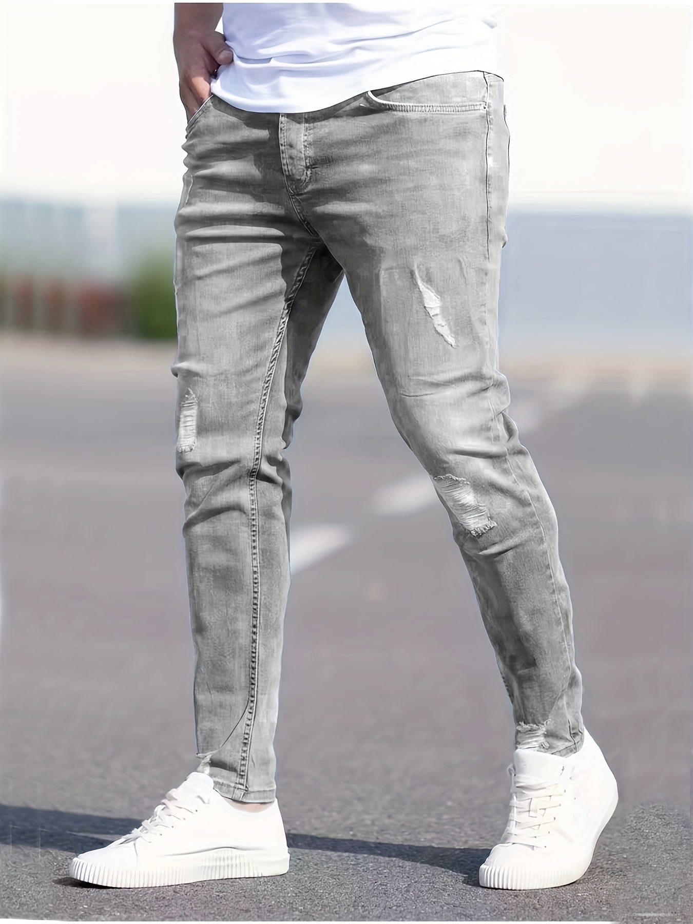 Slim Fit Ripped Jeans Mens Distressed Stretch Denim Pants