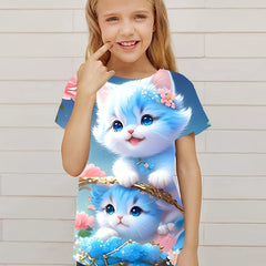 Casual Kitty & Flower Graphic Crew Neck Short Sleeve T shirt Girls