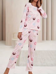 Donut Print Pajamas Set Round Neck Tee & Pants Loungewear
