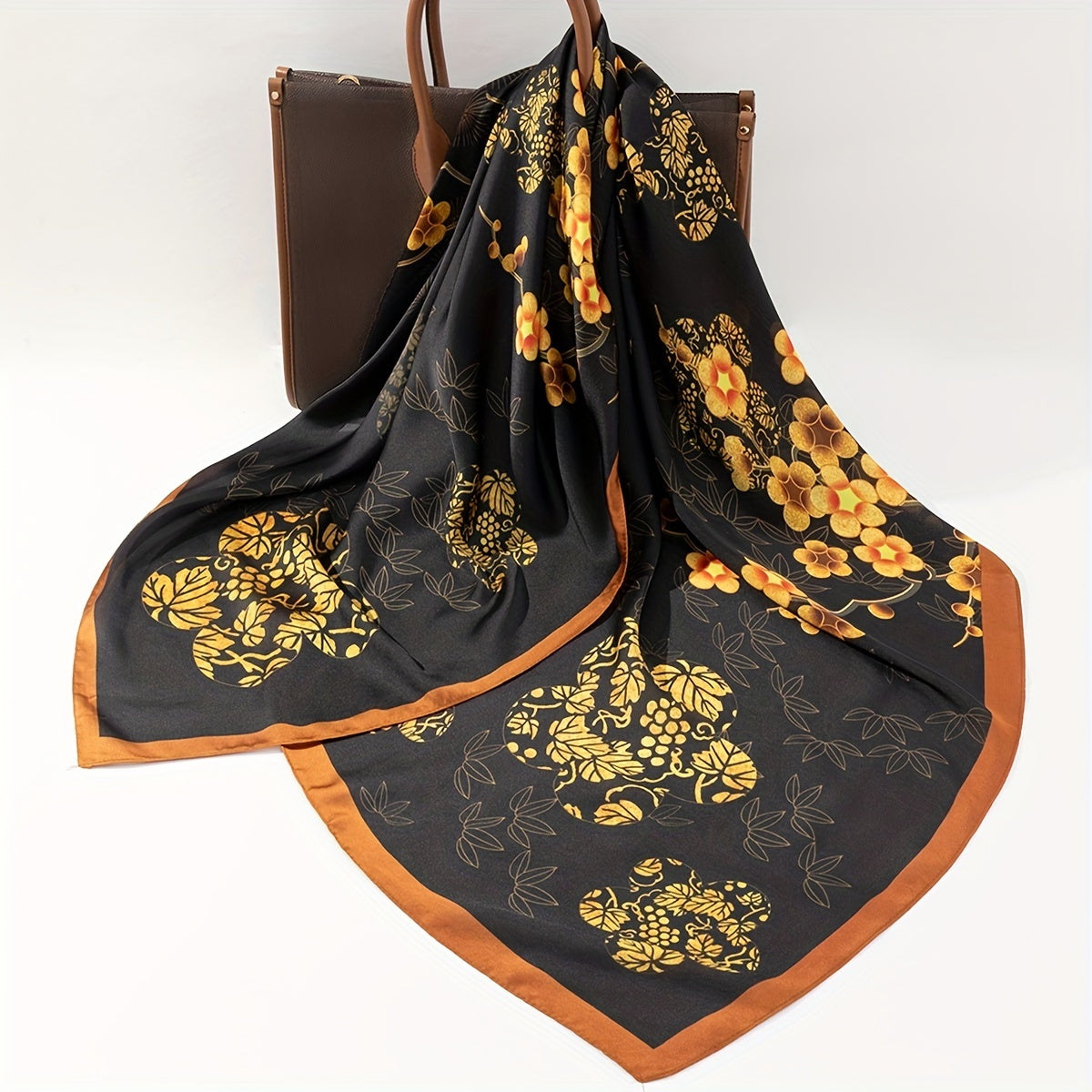 Golden Plum Blossom Print Bandana Vintage Shawl Satin Large Square Scarf