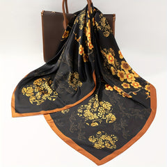 Golden Plum Blossom Print Bandana Vintage Shawl Satin Large Square Scarf