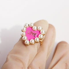 Romantic Letter Pattern Ring Faux Pearl Decor Ring