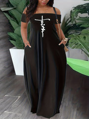 Women's Plus Cross Letter Print Off Shoulder Maxi Dress