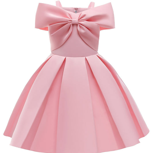Girls Cold Shoulder Princess Pink Big Bow Decor Performance Dress