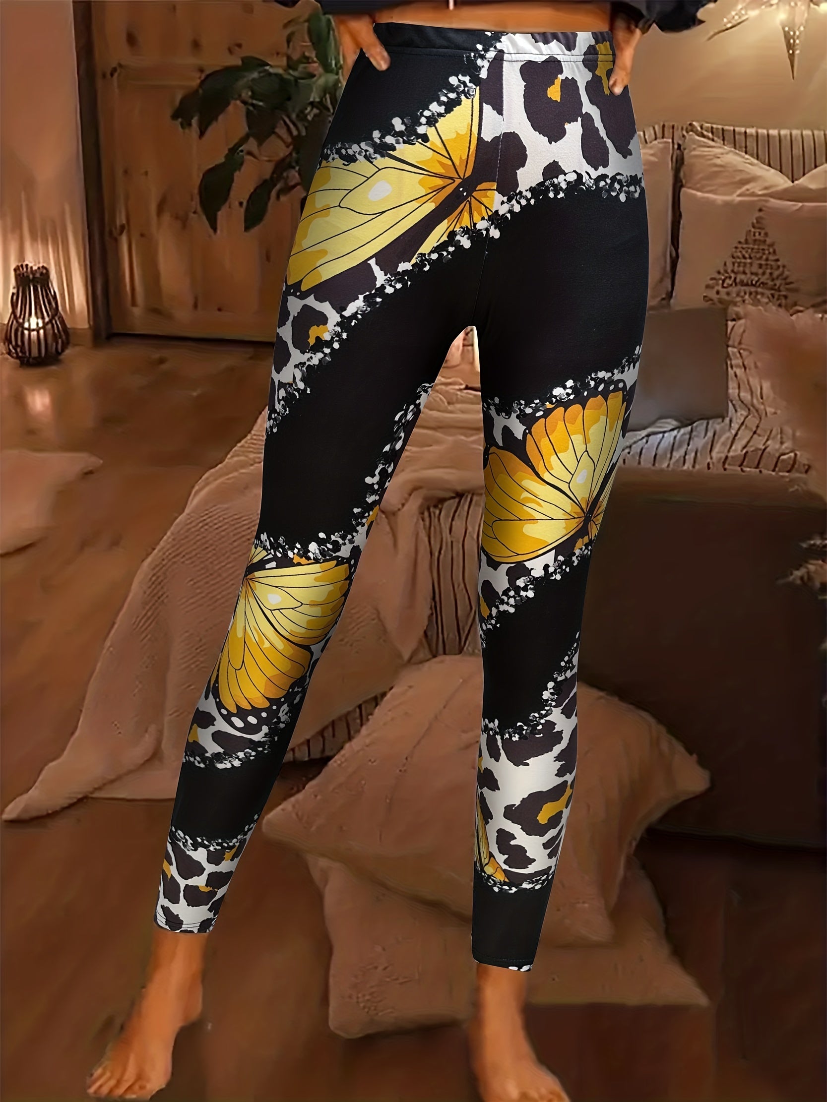 Butterfly & Leopard Print Skinny Leggings High Waist Stretchy Leggings