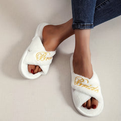Embroidered Cross Strap Slippers Warm Plush Lined Bridal Party Slippers