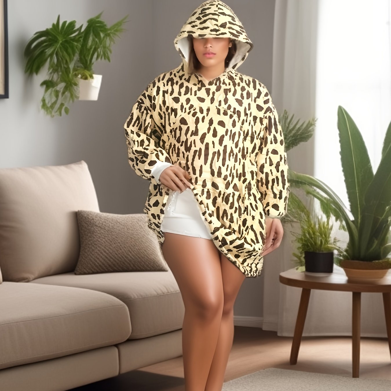 Leopard Pattern Fleece Lined Hooded TV Blanket