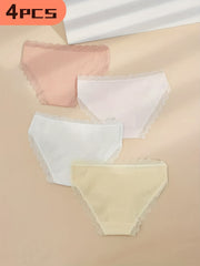4pcs Lace Trim Ribbed Briefs Solid Panties Women's Lingerie