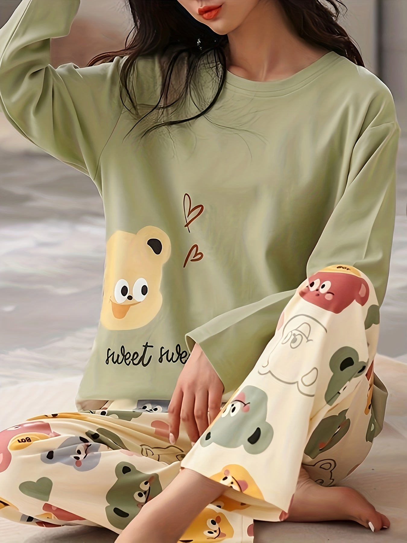 Bear Print Pajama Set Long Sleeve Top & Pants Women's Sleepwear