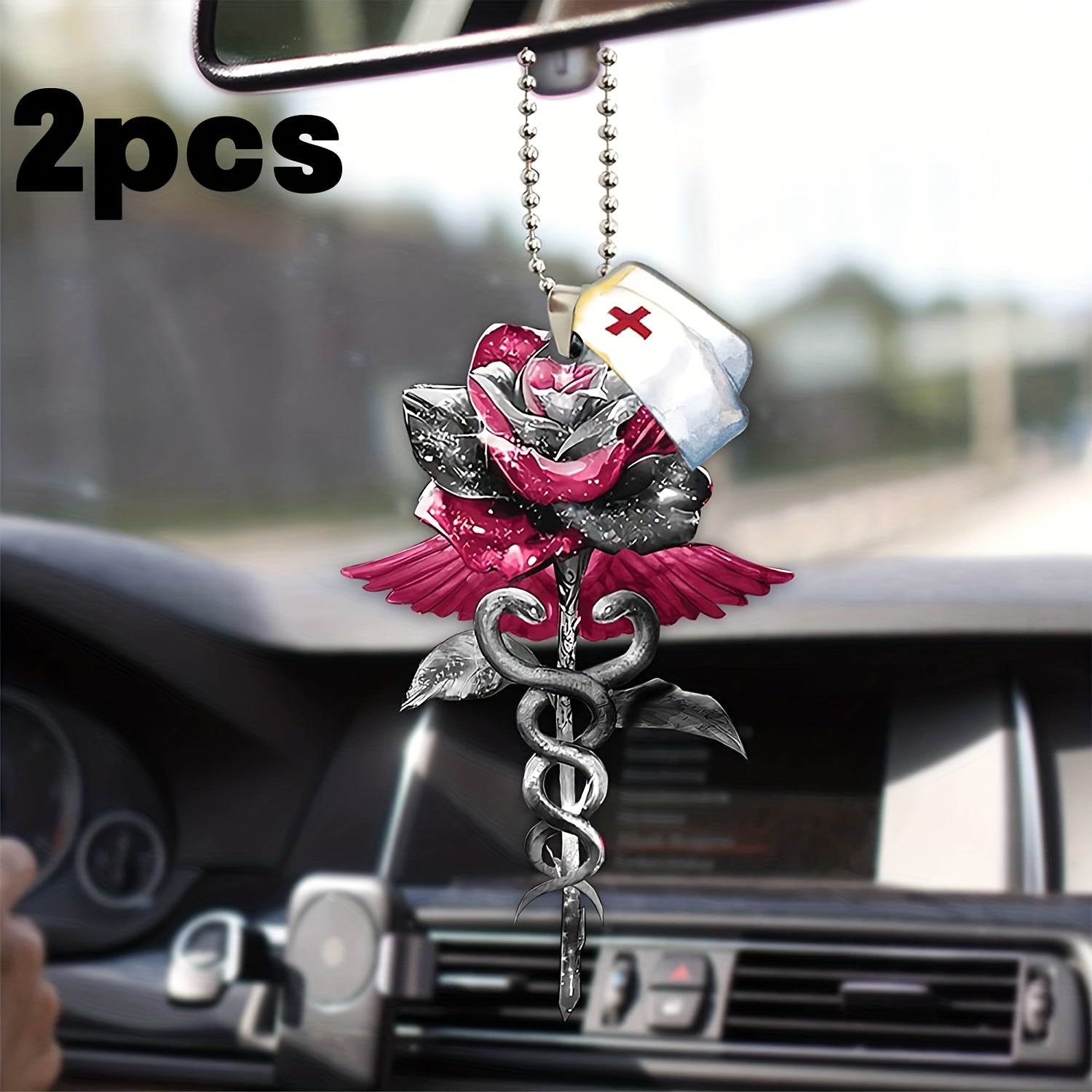 2pcs Nurse Cap Rearview Mirror Key Chain Red Rose Pendant Car Accessories