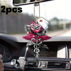2pcs Nurse Cap Rearview Mirror Key Chain Red Rose Pendant Car Accessories