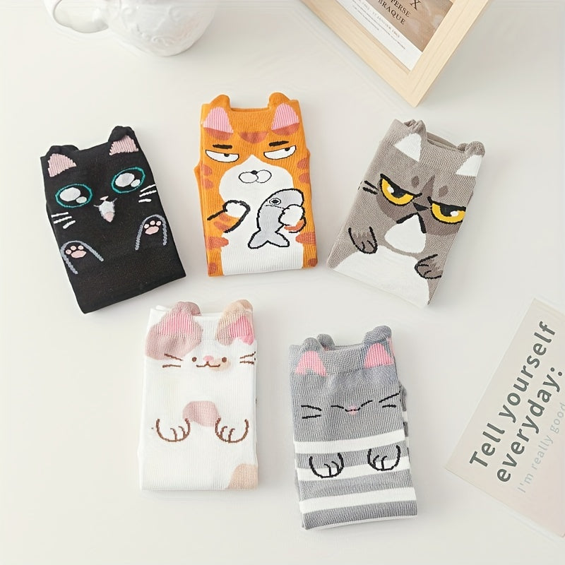 5 Pairs Cartoon Cat Print Socks Women's Stockings & Hosiery