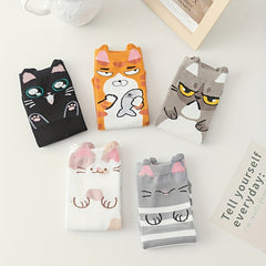 5 Pairs Cartoon Cat Print Socks Women's Stockings & Hosiery