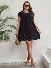 Solid Eyelet Embroidered Cap Sleeve Ruched Mini Dress