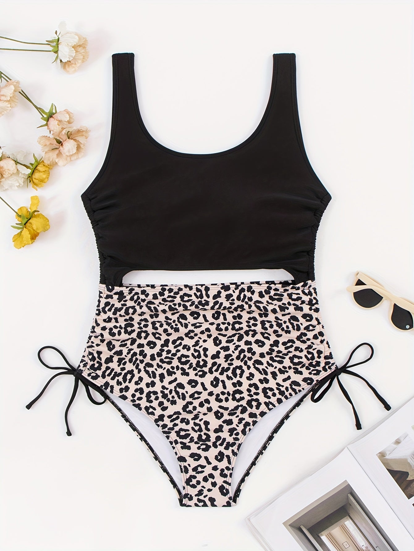 Retro Swimsuit Leopard Print Lace Up One Piece Bathing Suit