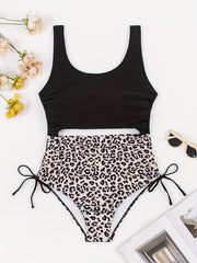 Retro Swimsuit Leopard Print Lace Up One Piece Bathing Suit