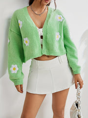 Y2K Floral Embroidered Knit Cardigan Open Front Long Sleeve Cropped Sweater