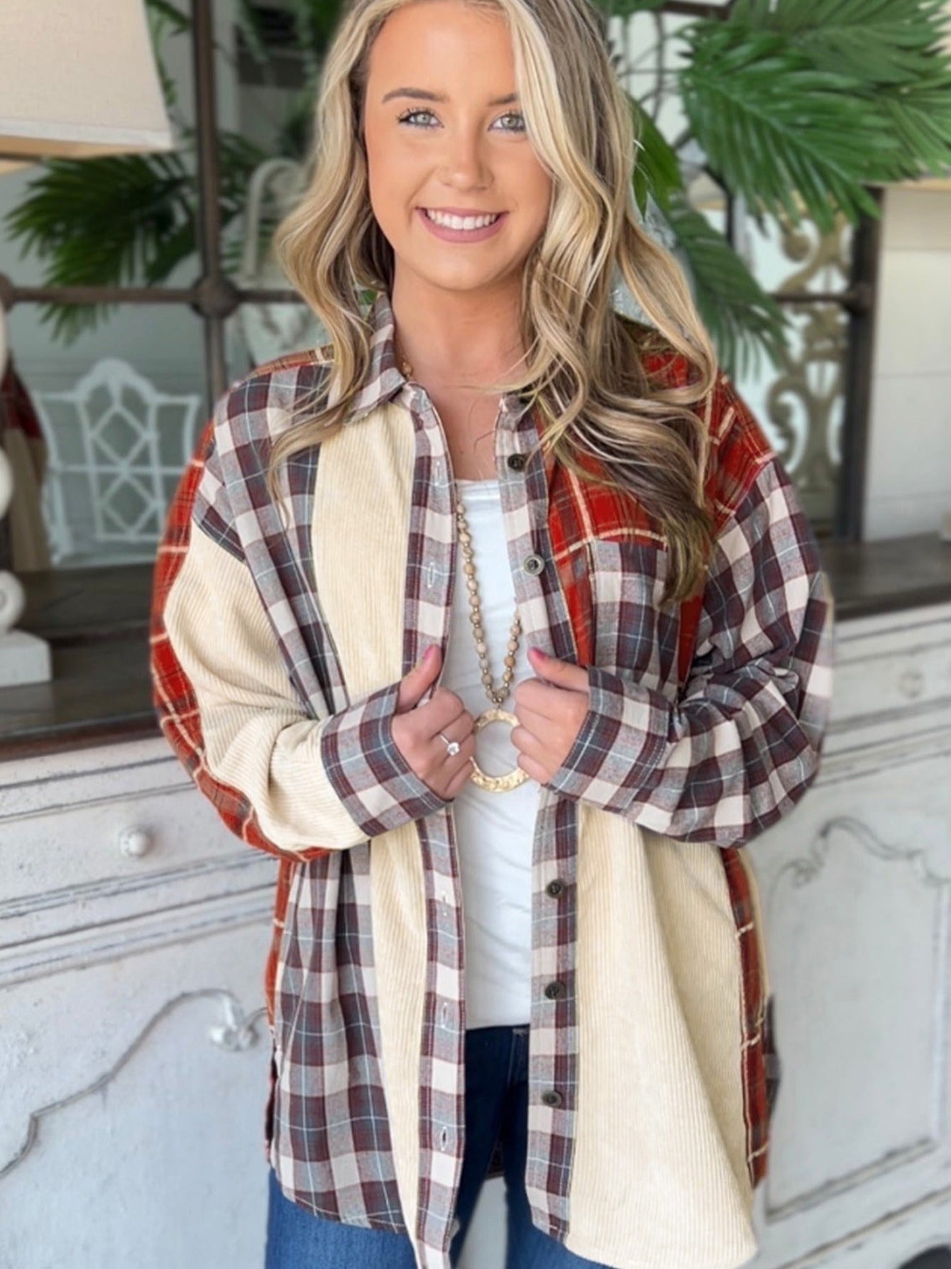 Plaid Corduroy Patchwork Shacket Long Sleeve Jacket