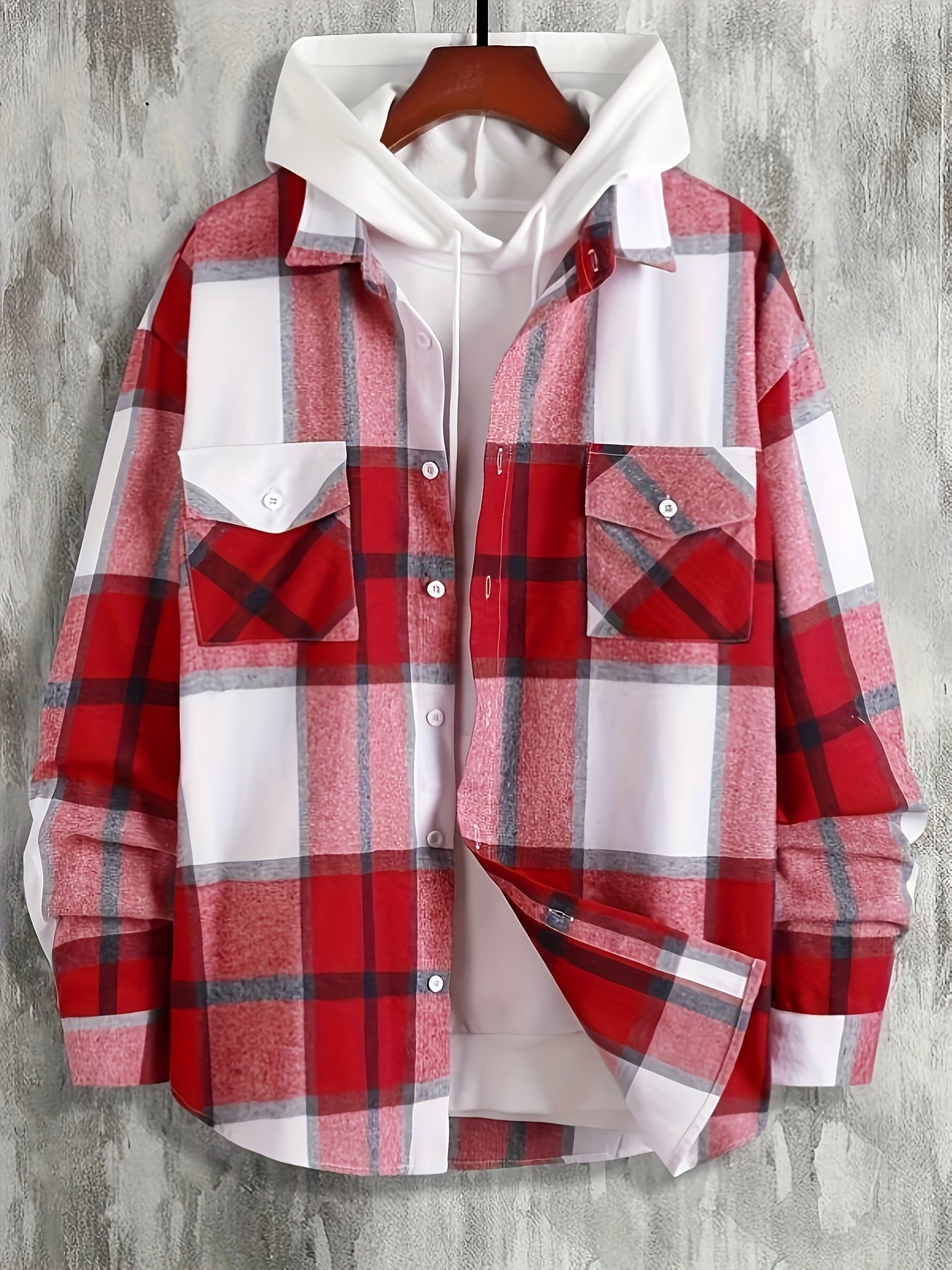 Plaid Button Up Hooded Shirt for Men