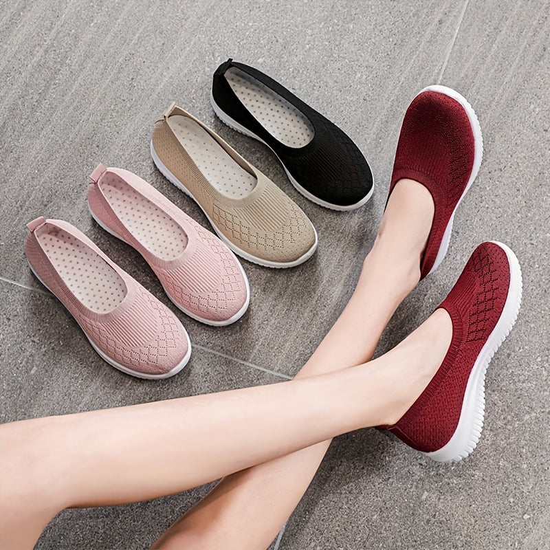 Women's Knit Walking Shoes Breathable Slip On Casual Flat Shoes