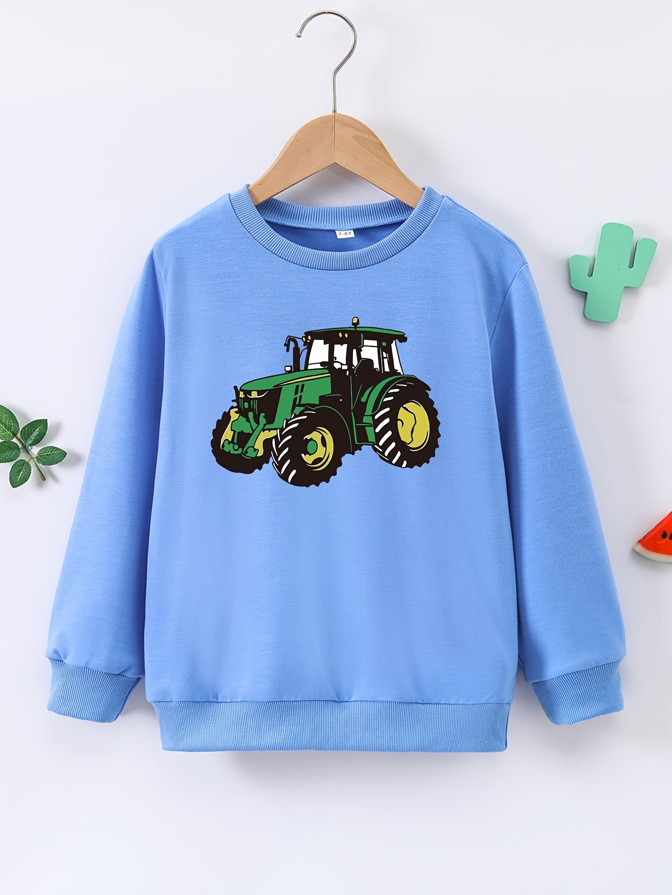 Cartoon Tractor Print Boys Casual Pullover Sweatshirt Long Sleeve Crew Neck Tops