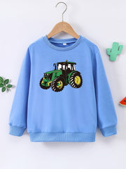 Cartoon Tractor Print Boys Casual Pullover Sweatshirt Long Sleeve Crew Neck Tops