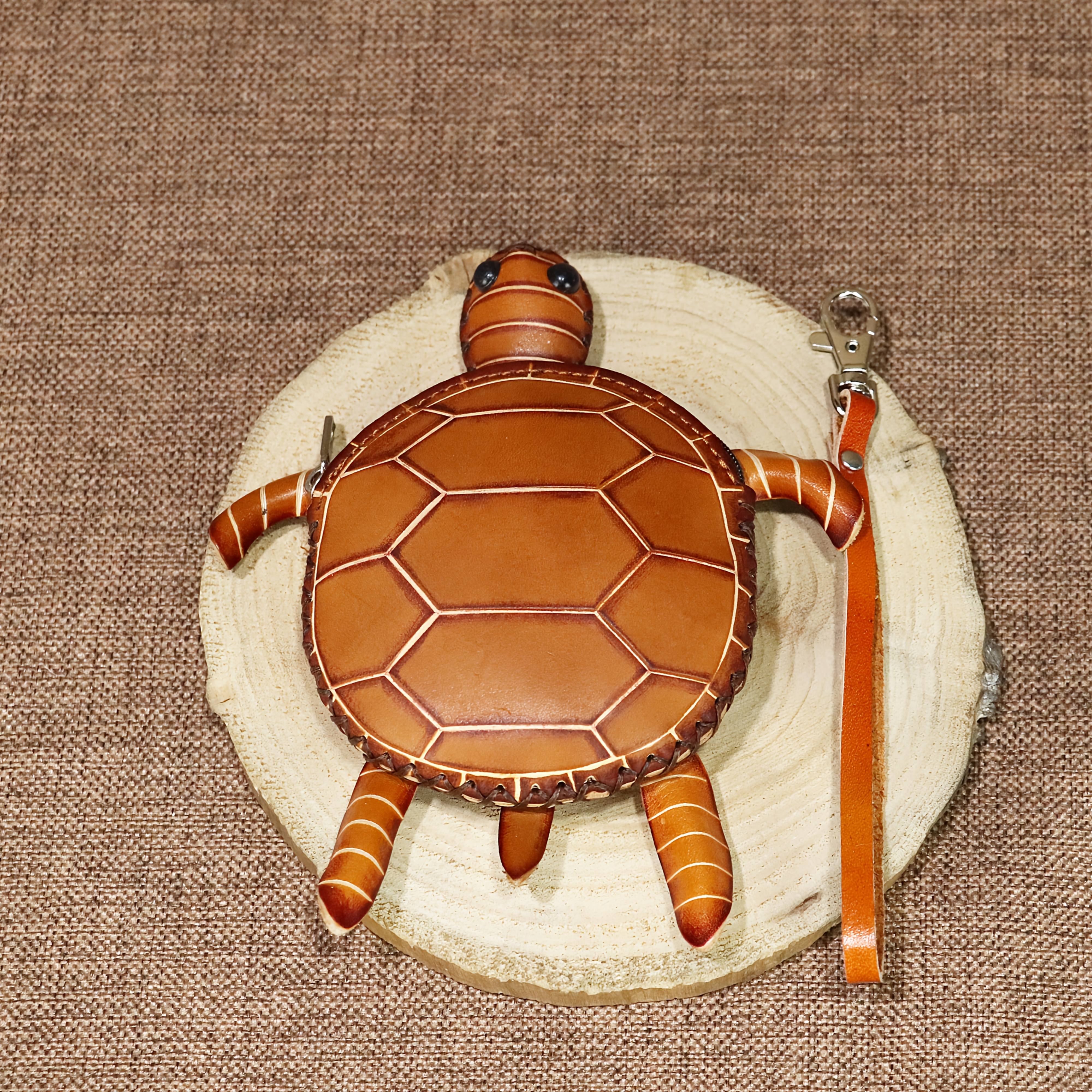 Handcrafted Tortoise Purse Wallet with Wrist Strap Zipper Closure Coin Purse