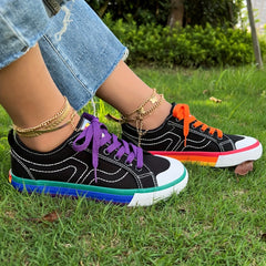 Women's Rainbow Canvas Sneakers Low Top Flat Skate Shoes
