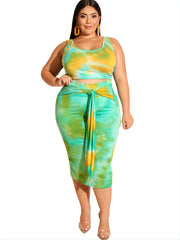 Tie Dye Crop Top & Pencil Skirt Set with Belt