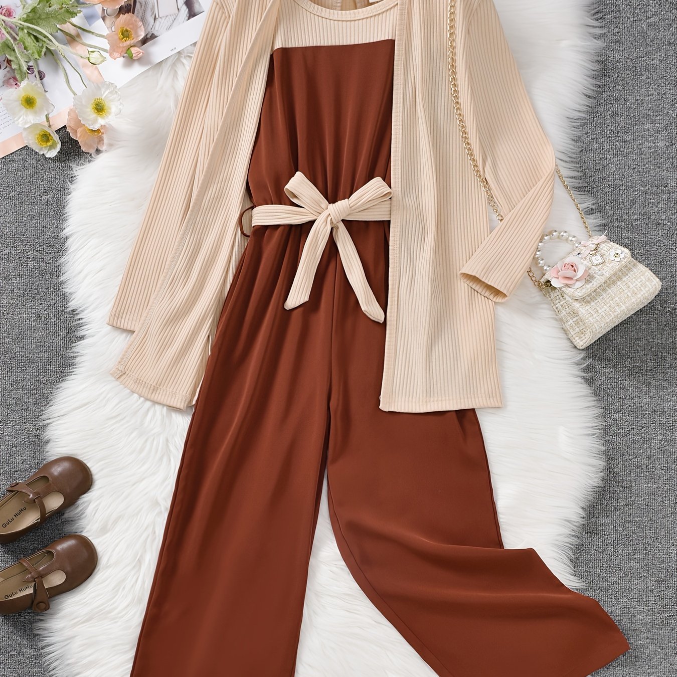 3pcs Girls Cotton Coat & Brown Jumpsuit Set with Bow Belt
