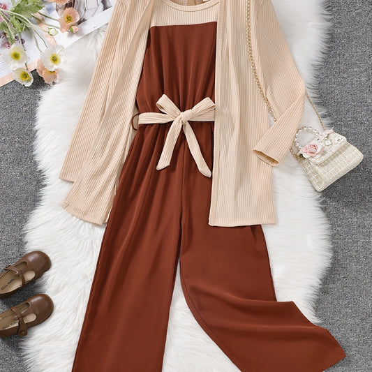 3pcs Girls Cotton Coat & Brown Jumpsuit Set with Bow Belt
