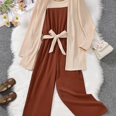 3pcs Girls Cotton Coat & Brown Jumpsuit Set with Bow Belt