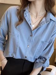 Casual Denim Top Women's Button Down Roll Up Sleeve Blouse