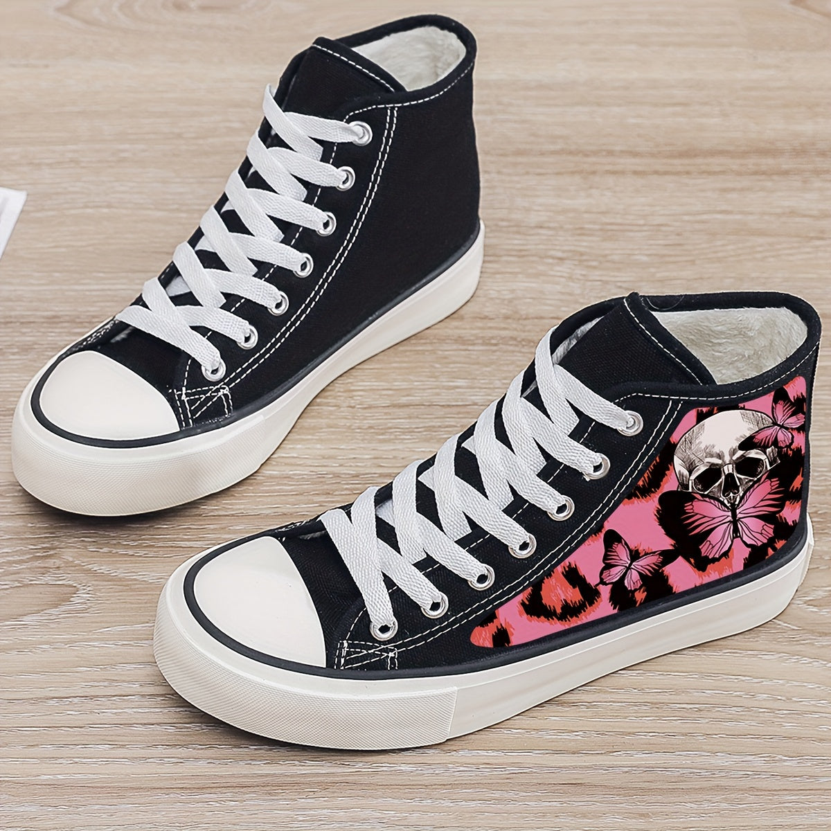 Skull & Butterfly Print Plush Lined Thermal Chunky Canvas Sneakers