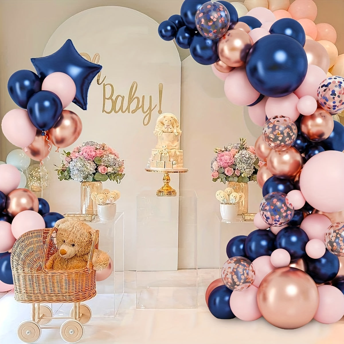 Gender Reveal Balloon Arch Kit Navy Rose Pink Confetti Latex Balloons Foil Star