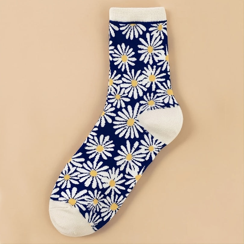Floral Daisy Print Crew Socks Women's Stockings