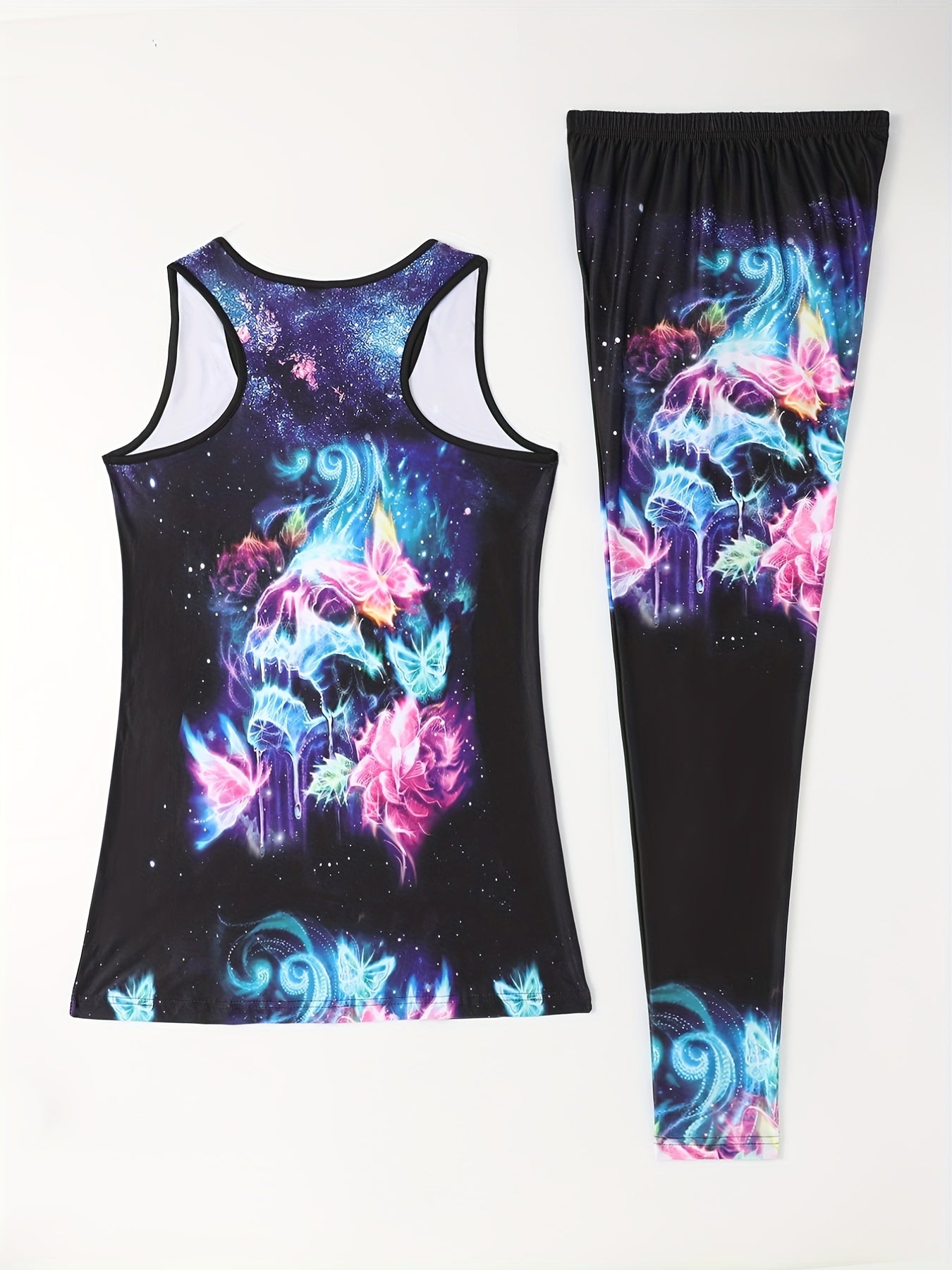 Butterfly Print 2pc Set Crew Neck Tank Top & Leggings Outfit Women's Clothing