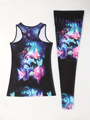 Butterfly Print 2pc Set Crew Neck Tank Top & Leggings Outfit Women's Clothing