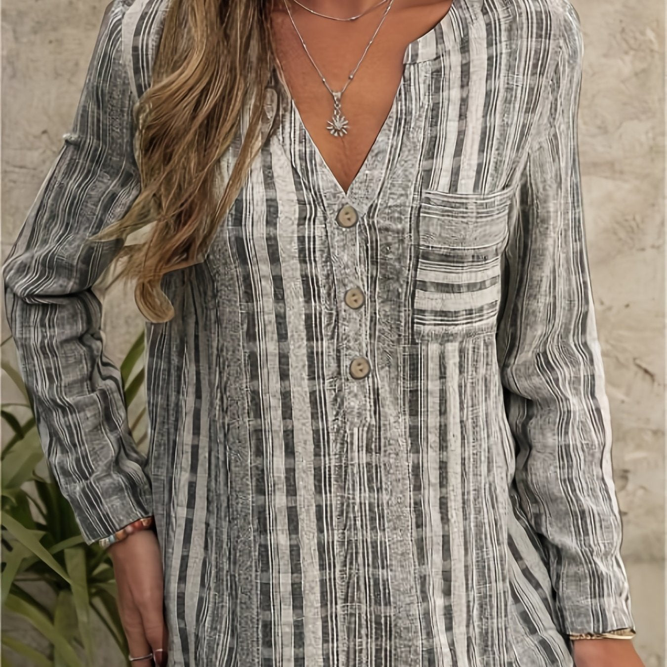 Striped Print Long Sleeve Button Up Blouse
