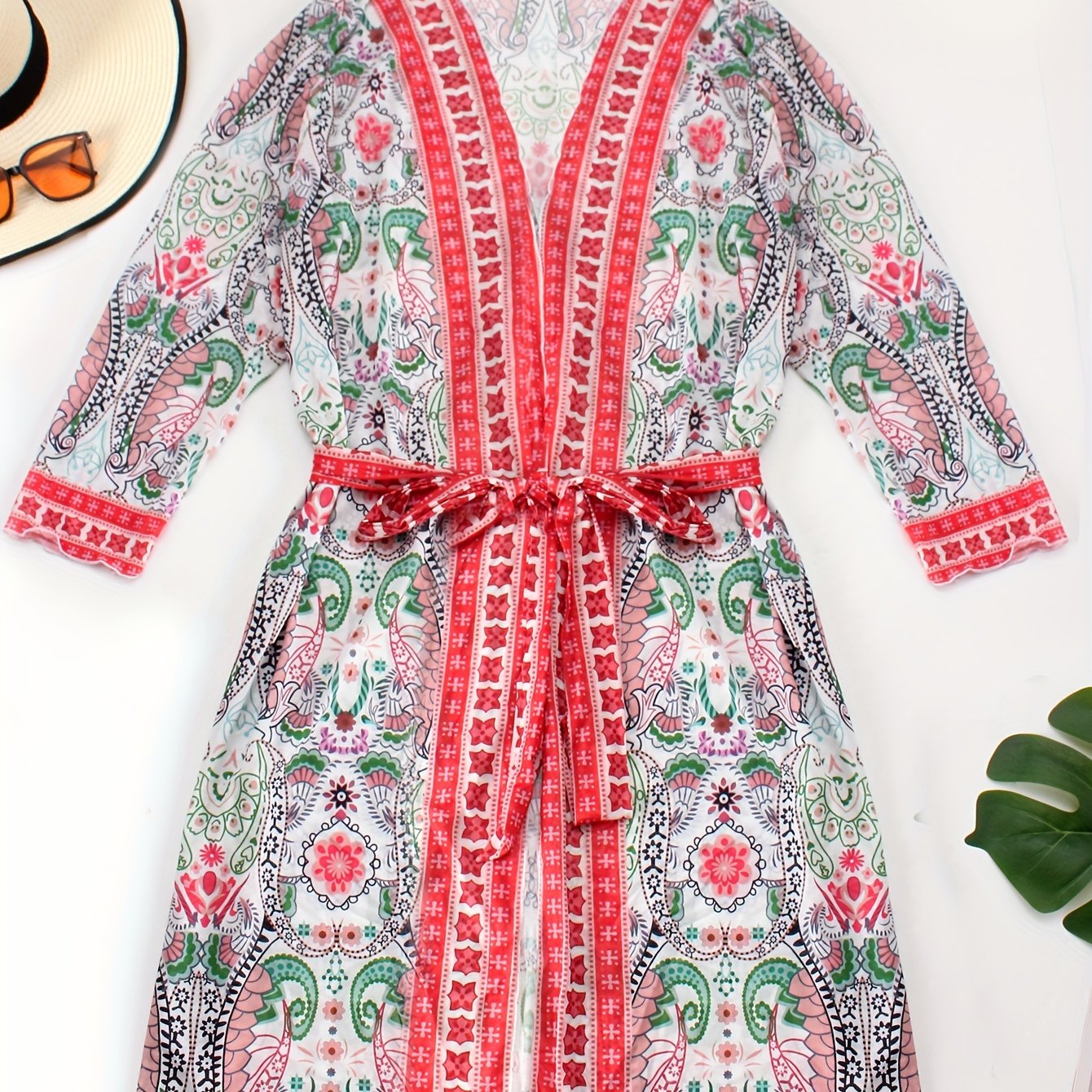 Women's Plus Paisley Print Long Sleeve Boho Cover Up