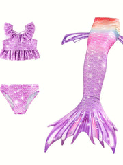 Girl's Tie Dye Mermaid Swimsuit Ruffle Bikini Set & Mermaid Tail Costume