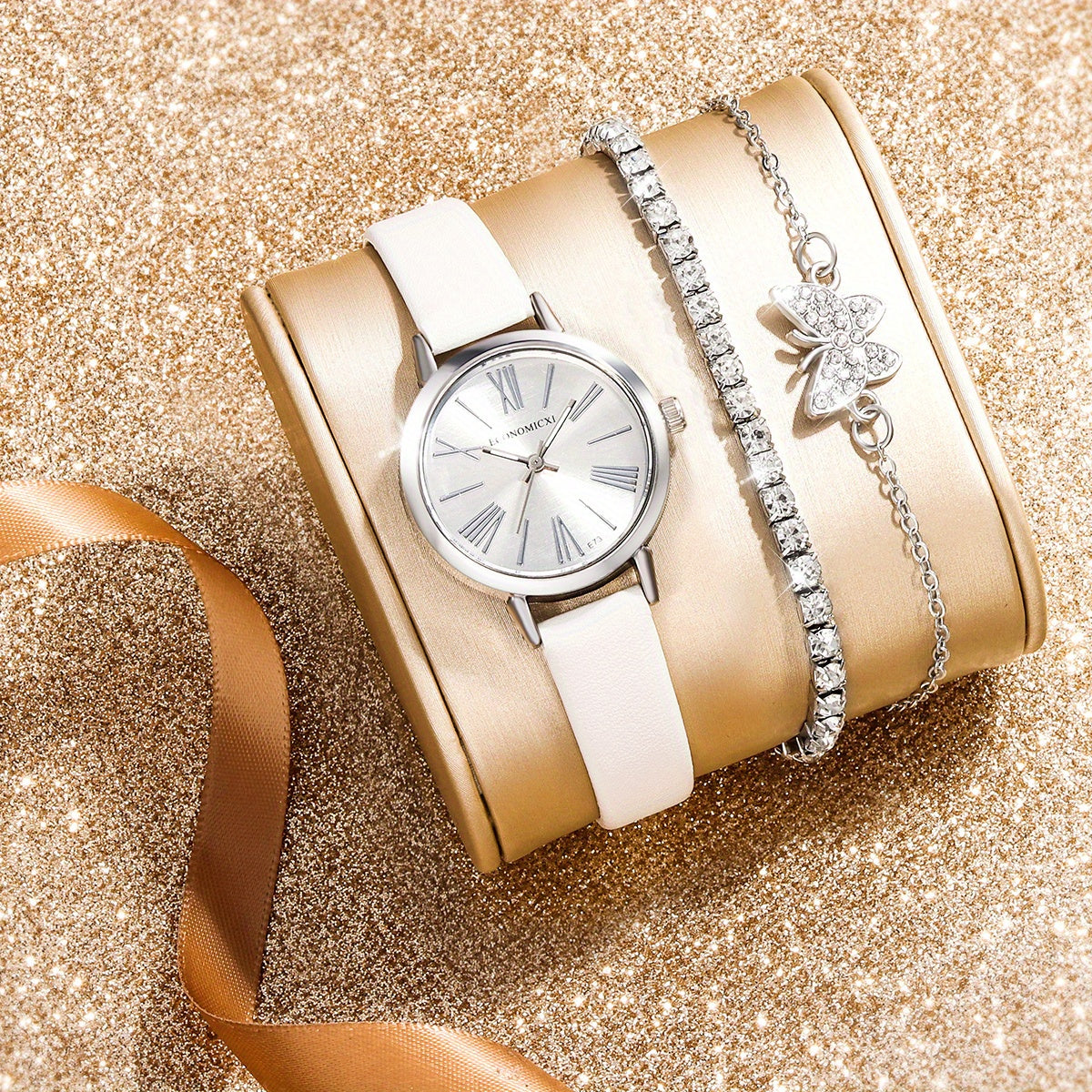 Women's Leather Quartz Watch & Rhinestone Bracelet Set