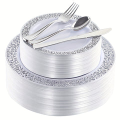 40-Piece Plastic Dinnerware Set with Silver Finish for Parties & Holidays