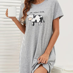 Cartoon Cow Pattern Lounge Dress Soft & Comfy Short Sleeve Home Dress