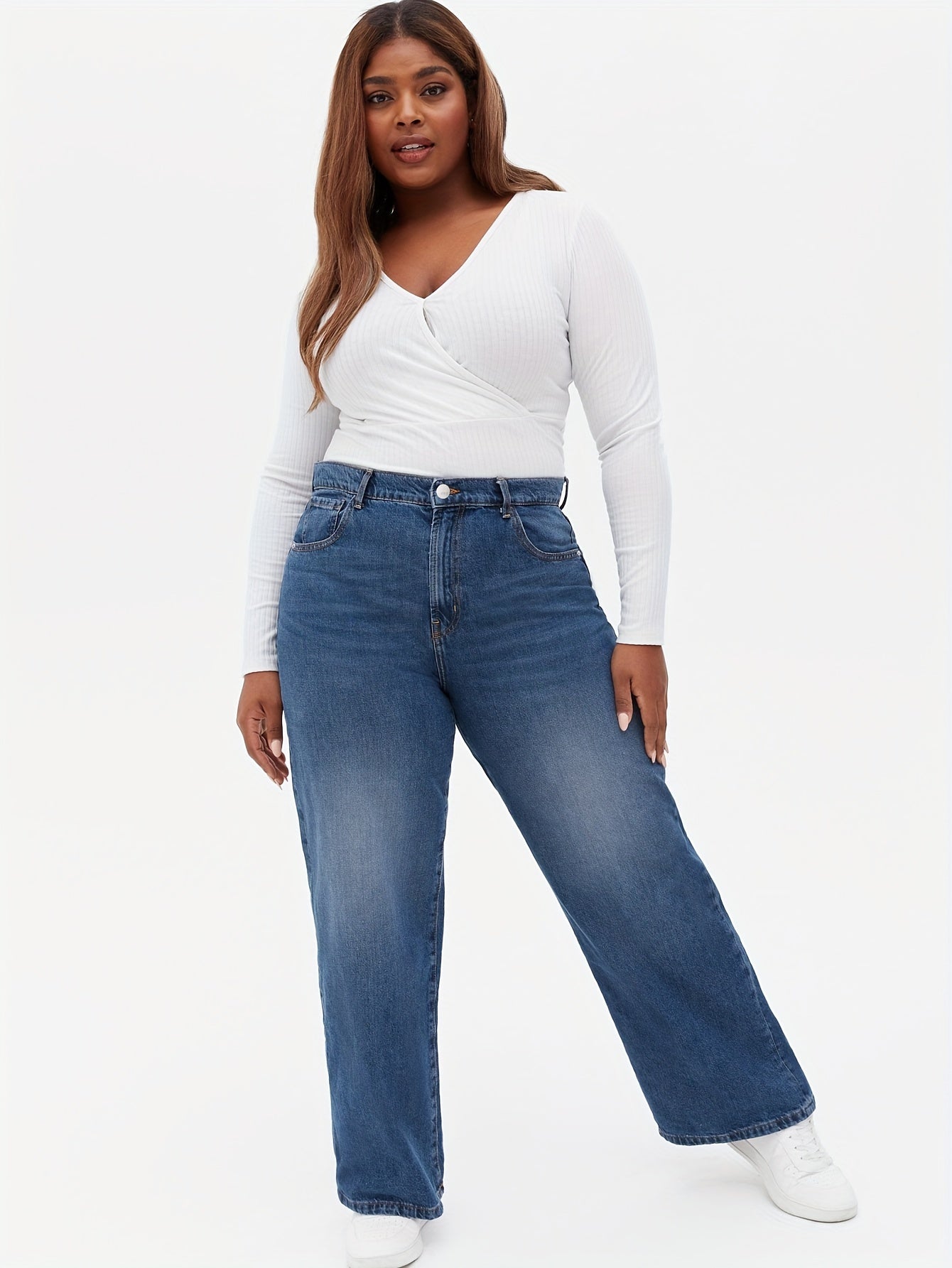 Casual Plus Size Wide Leg Jeans Medium Stretch High Rise