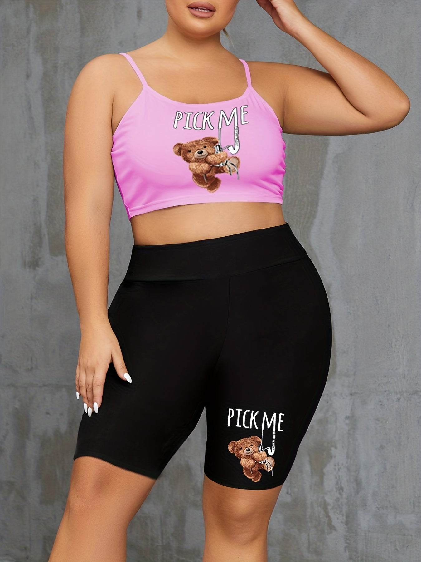 Bear & Letter Print Cami Crop Top & Biker Shorts Set