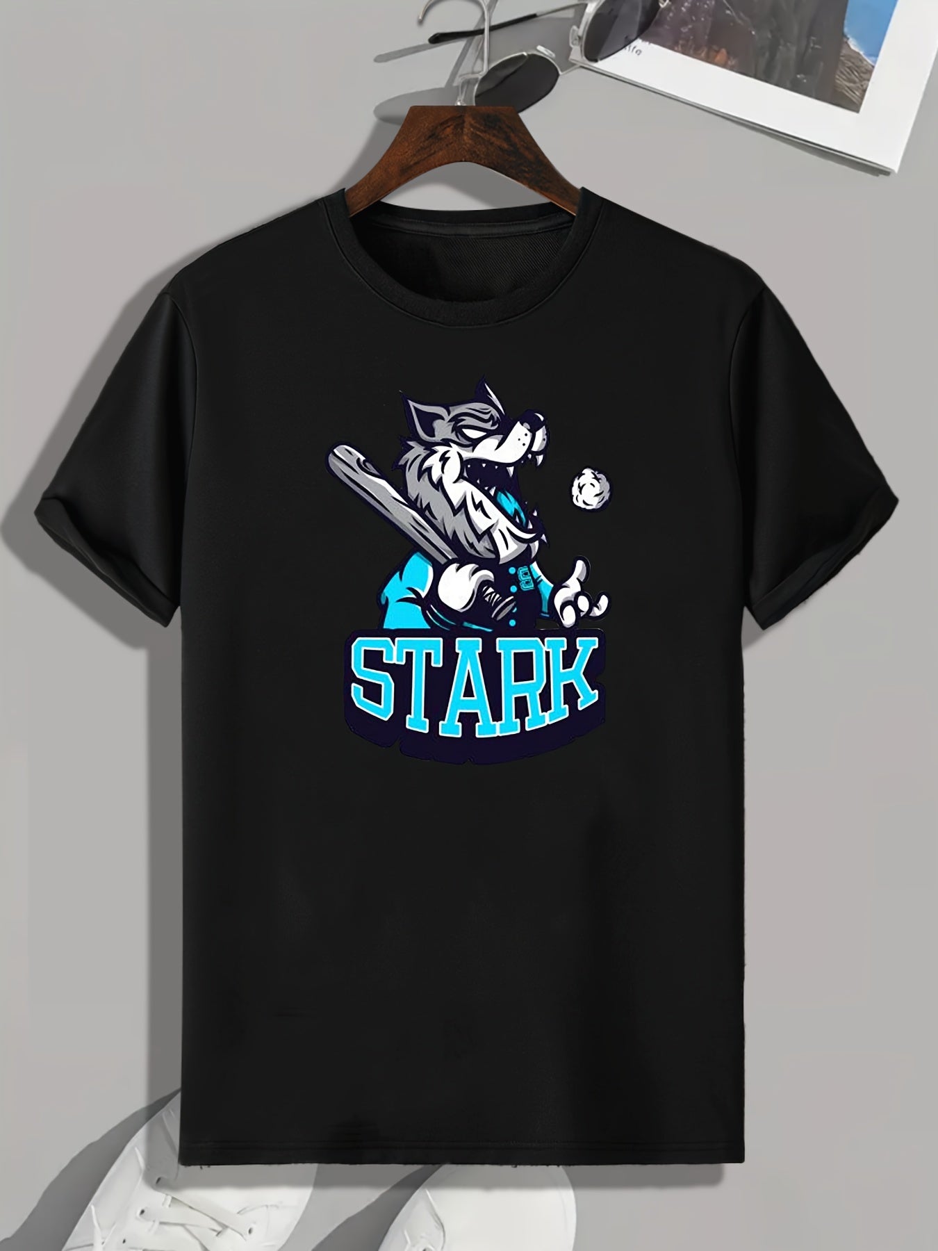 Wolf & Baseball Pattern Print Men's Comfy Sports T shirt