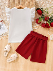 2pcs Girls Eyelash Ruffle Sleeves Top & Shorts Set Kids Summer Clothes
